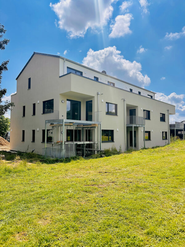 Aussenansicht des Mehrfamilienhaus. Eine Referenz von Holzbau Henz.